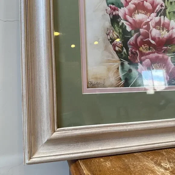 Vintage Signed‎ Newton Oil Painting Wood Frame Matte Desert Cacti Flower 21 X 25
